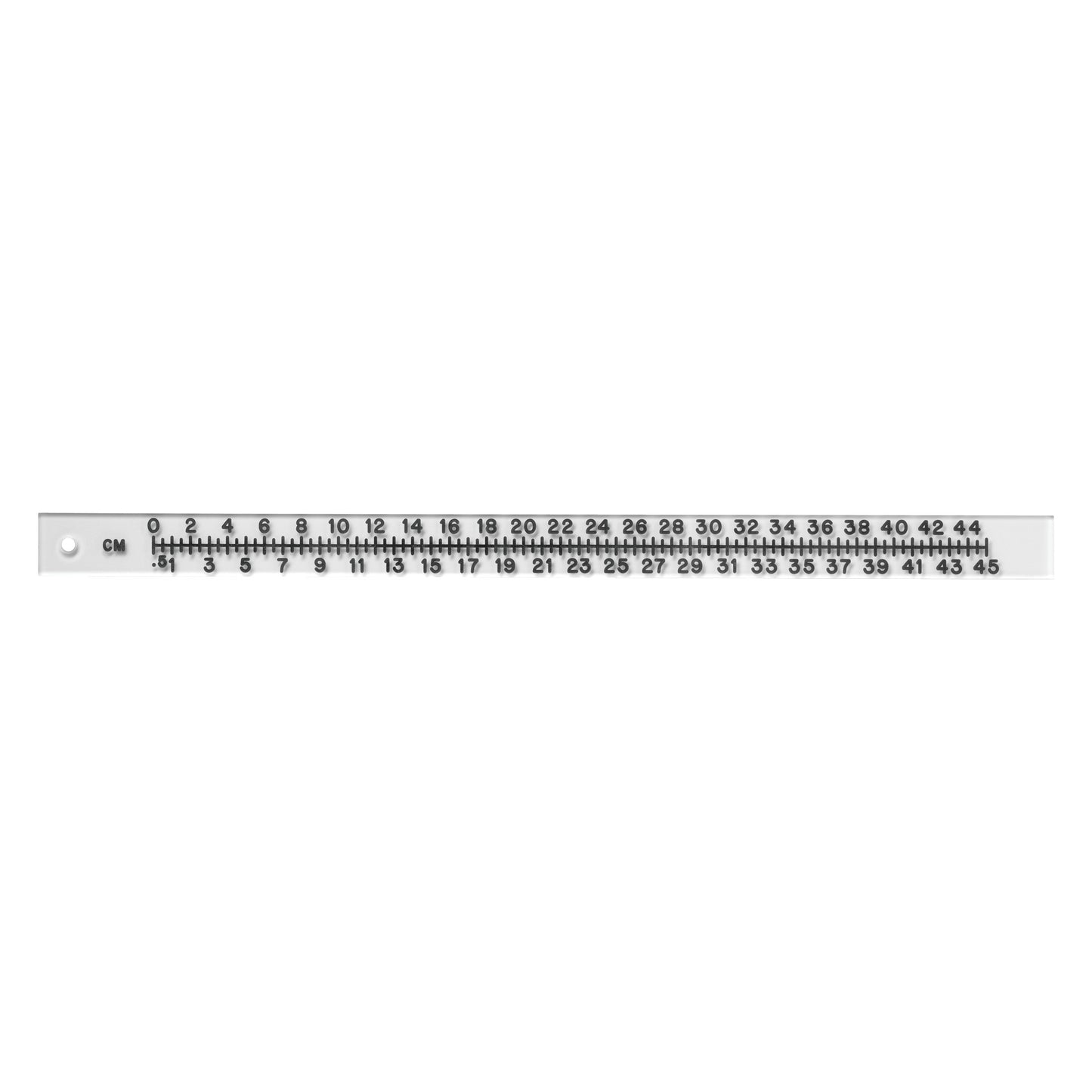 Radiopaque Acrylic Scale with centimeter measurements. White background with black markings and numbers, marked up to 45 cm.