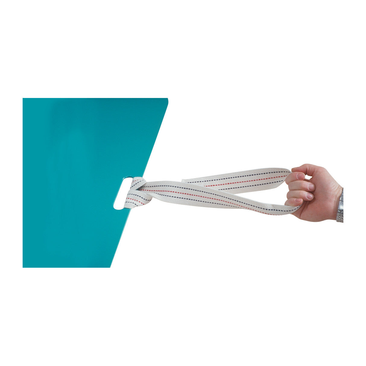 A hand holds the AliMed Pull Strap for Patient Shifters, attached to a teal board with a looped strap for easy handling.