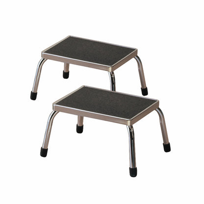 Two AliMed Extra-Strong Footstools with non-slip surfaces and chrome legs are shown. Each has four rubber-tipped legs.