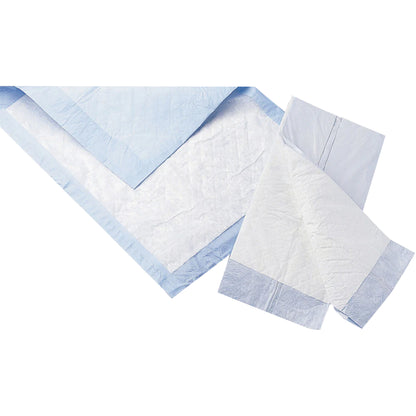 Protection Plus Disposable Underpad, featuring a white absorbent surface and blue backing, partially folded and layered.