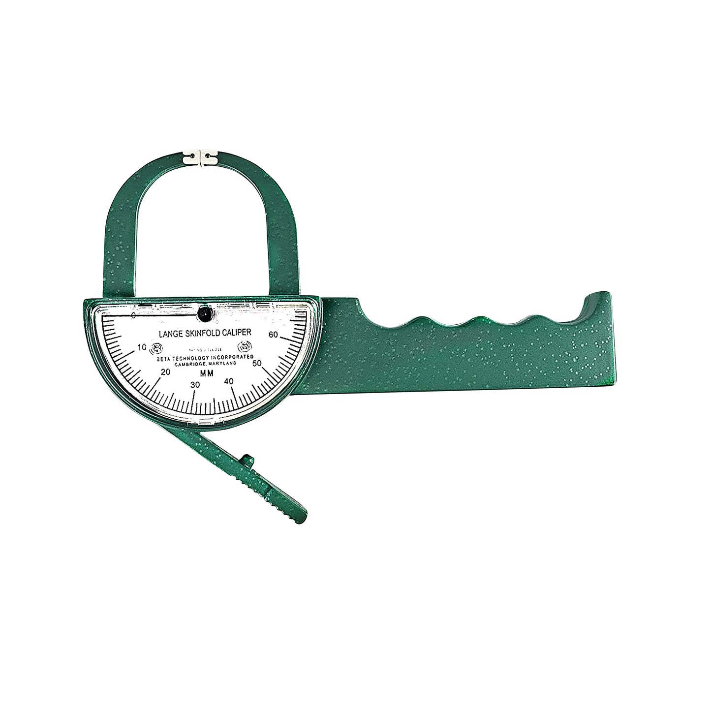 Lange Skinfold Caliper in green with a curved ruler marked in millimeters, used for measuring body fat thickness.