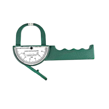 Lange Skinfold Caliper in green with a curved ruler marked in millimeters, used for measuring body fat thickness.