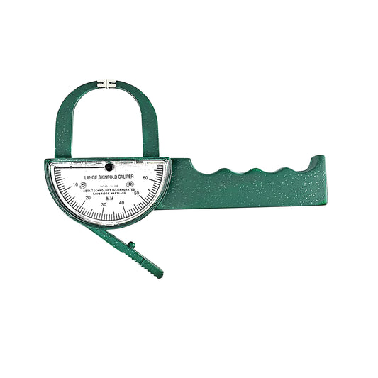 Lange Skinfold Caliper in green with a curved ruler marked in millimeters, used for measuring body fat thickness.
