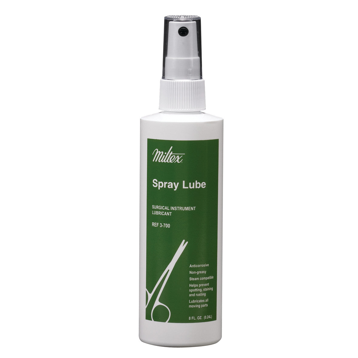 Plastic bottle of Miltex Spray Lube for surgical instruments. It has a white and green label with a spray nozzle on top.