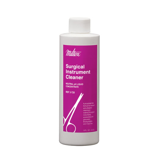 A white bottle displays the Miltex Surgical Instrument Cleaner, with a pink label. The cleaner is a neutral pH liquid concentrate.