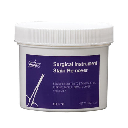 White container of Miltex Surgical Instrument Stain Remover, used to restore luster to metals like stainless steel and brass.