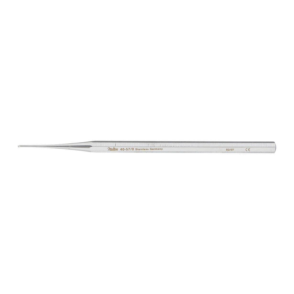 Stainless steel Miltex Curette Excavator with a pointed tip, engraved with product details, used for medical or dental purposes.