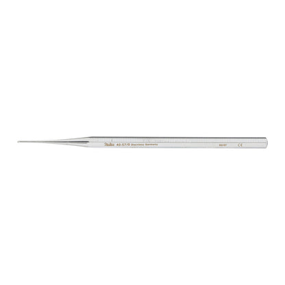 Stainless steel Miltex Curette Excavator with a pointed tip, engraved with product details, used for medical or dental purposes.