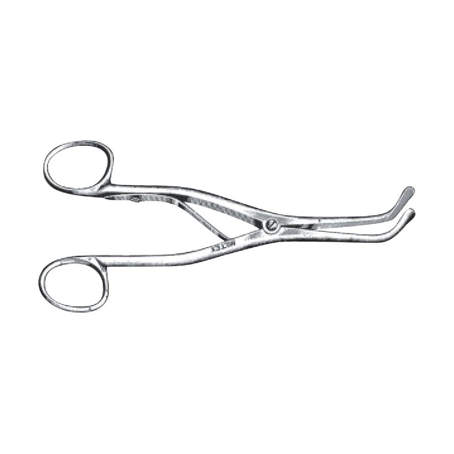 Trousseau Trachea Dilator: A silver medical tool with two handles and curved, angled tips for dilating the trachea.