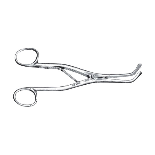 Trousseau Trachea Dilator: A silver medical tool with two handles and curved, angled tips for dilating the trachea.