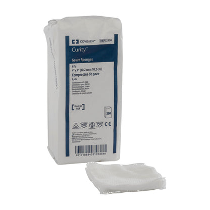 Package of Coviden Curity Gauze Sponges, 4" x 4", 8-ply, with one sponge shown beside it.