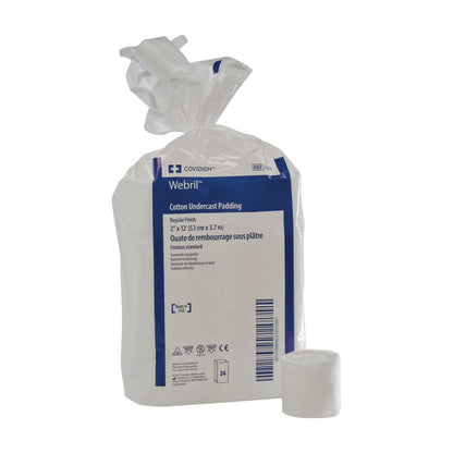 Pack of Webril Cotton Undercast Padding with a white roll beside it, labeled as 2" x 12" regular finish. Made in USA.