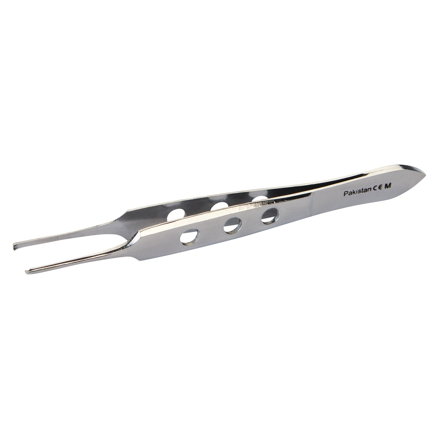 Bishop-Harmon Iris Forceps, stainless steel, with three round holes for grip. Used in delicate surgical procedures.