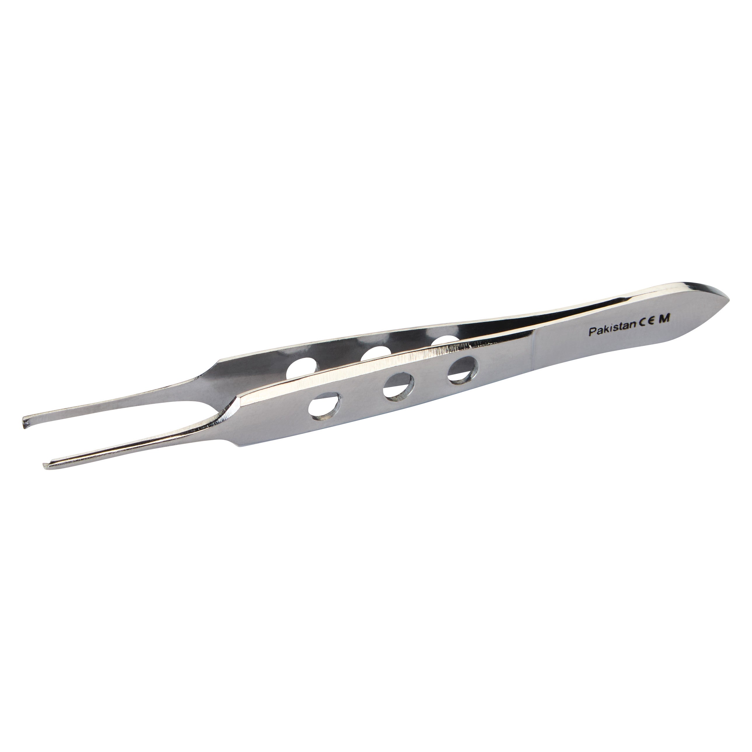 Bishop-Harmon Iris Forceps, stainless steel, with three round holes for grip. Used in delicate surgical procedures.