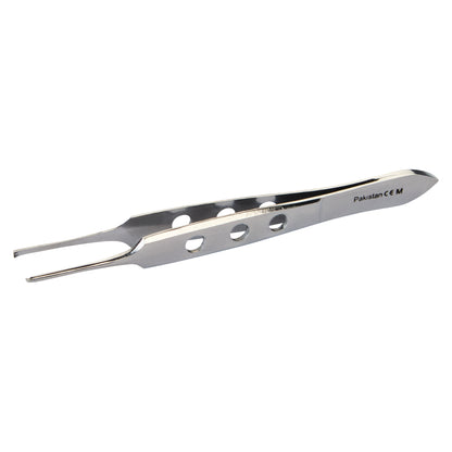 Bishop-Harmon Iris Forceps, stainless steel, with three round holes for grip. Used in delicate surgical procedures.