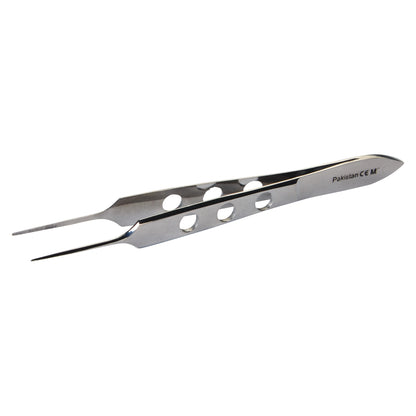 Bishop-Harmon Dressing Forceps with perforated design, fine tips, and "Pakistan CE M" inscription on the handle.