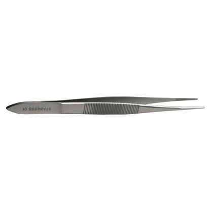 Stainless steel Eye Dressing Forceps with a serrated grip and pointed tips, designed for precision tasks in medical settings.