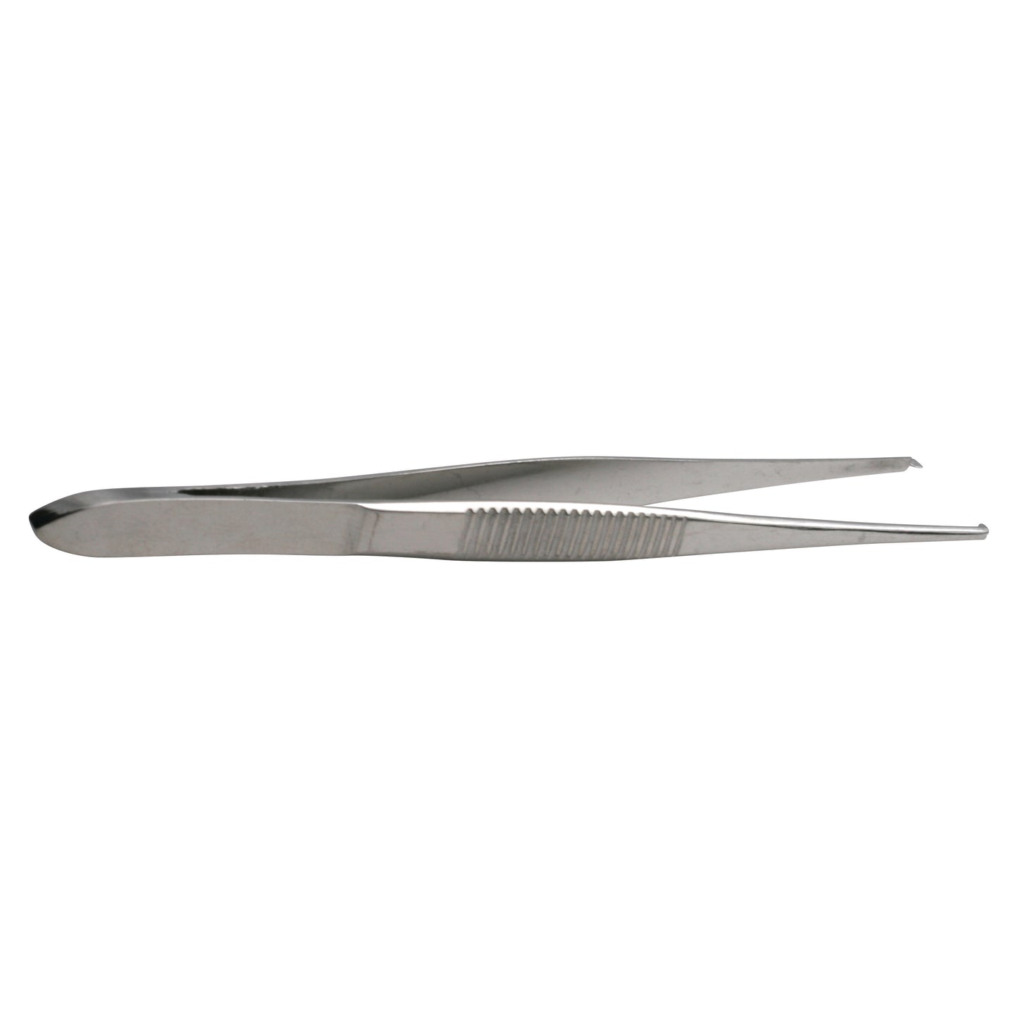 Iris Tissue Forceps made of stainless steel, featuring a straight, serrated grip and pointed tips for precision handling.