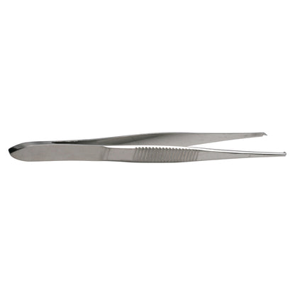 Iris Tissue Forceps made of stainless steel, featuring a straight, serrated grip and pointed tips for precision handling.