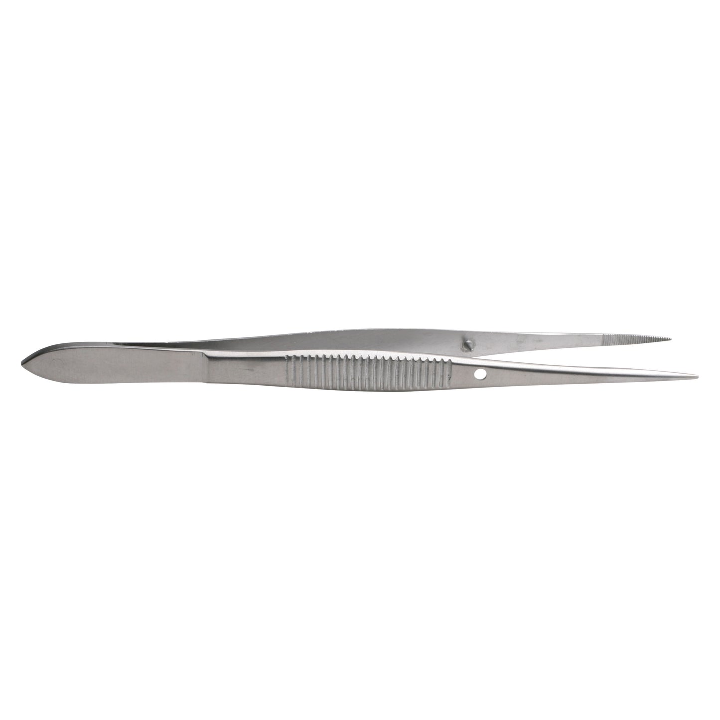 Metallic Plain Splinter Forceps with a textured grip and pointed tips, designed for precision tasks.