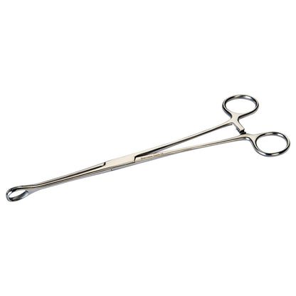 Serrated Foerster Sponge Forceps with ring handles and a long, curved, serrated tip, designed for medical use.
