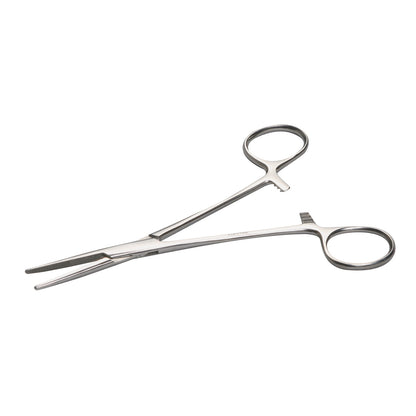 Miltex Kelly Forceps with curved, serrated tips and a locking handle, designed for medical use, displayed on a white background.