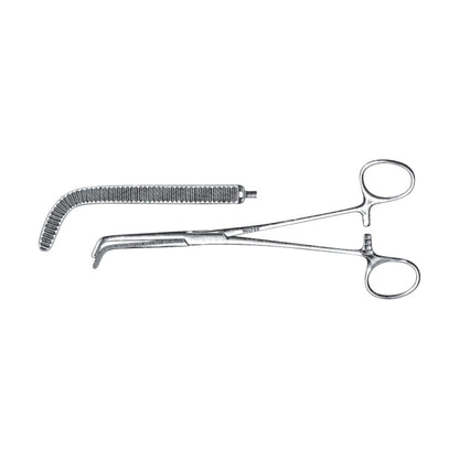 Mixter Hemostatic Forceps with curved, serrated jaws and looped handles lie next to a retractor, used in surgical procedures.