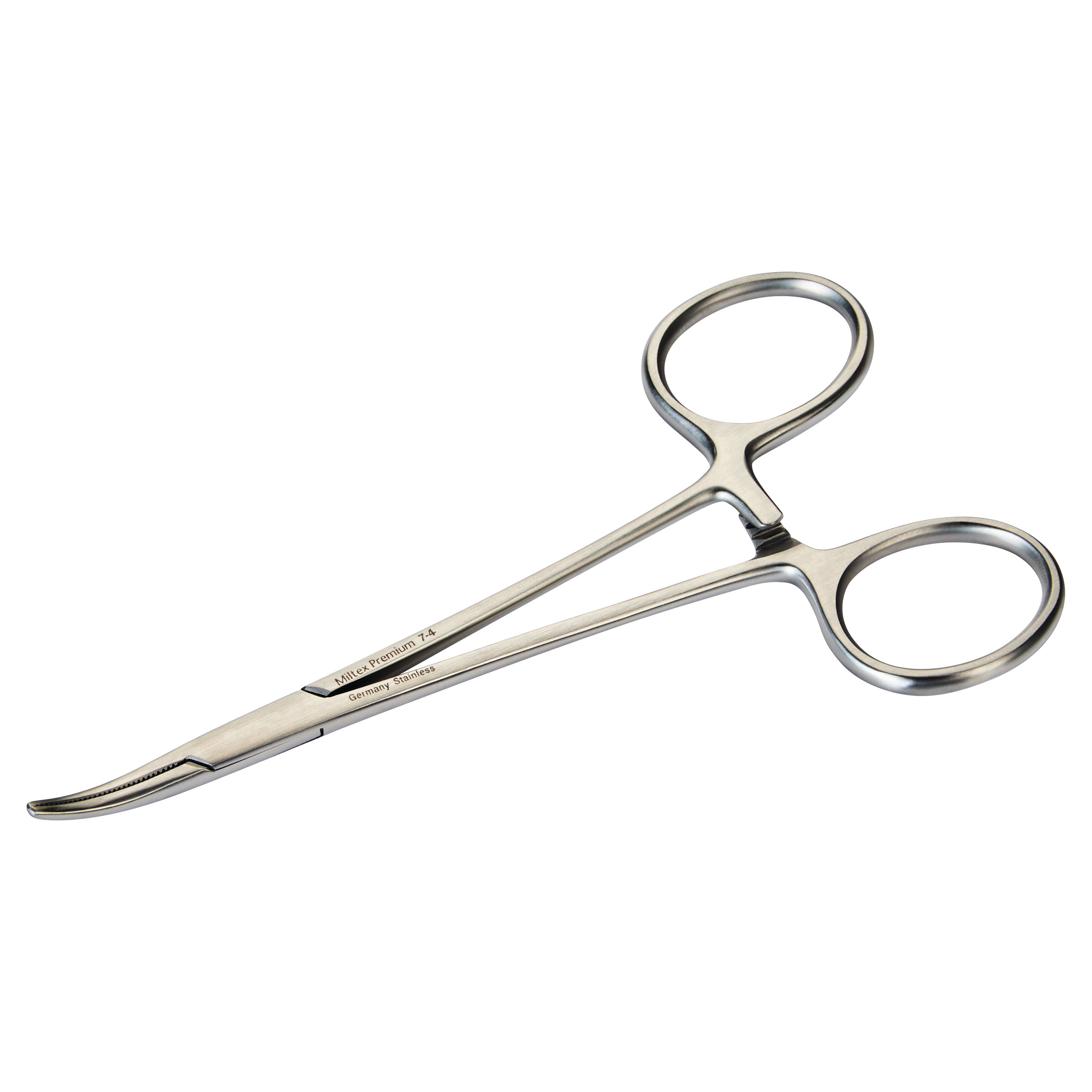 A pair of Miltex Halsted Mosquito Forceps with curved, serrated jaws and looped handles, shown on a white background.