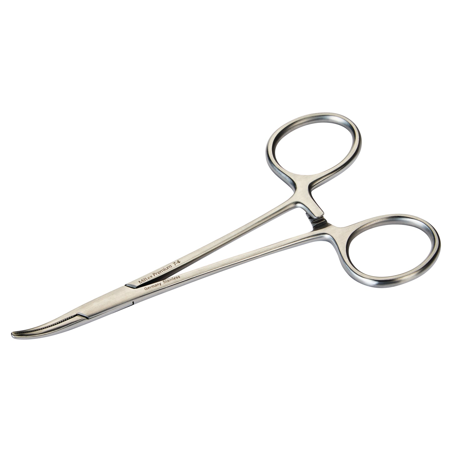 A pair of Miltex Halsted Mosquito Forceps with curved, serrated jaws and looped handles, shown on a white background.
