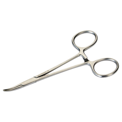 A pair of Miltex Halsted Mosquito Forceps with curved, serrated jaws and looped handles, shown on a white background.