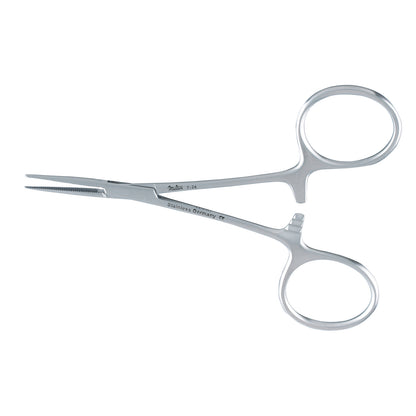 Hartman Mosquito Forceps made of stainless steel, featuring curved, serrated tips and finger loops, used for medical procedures.