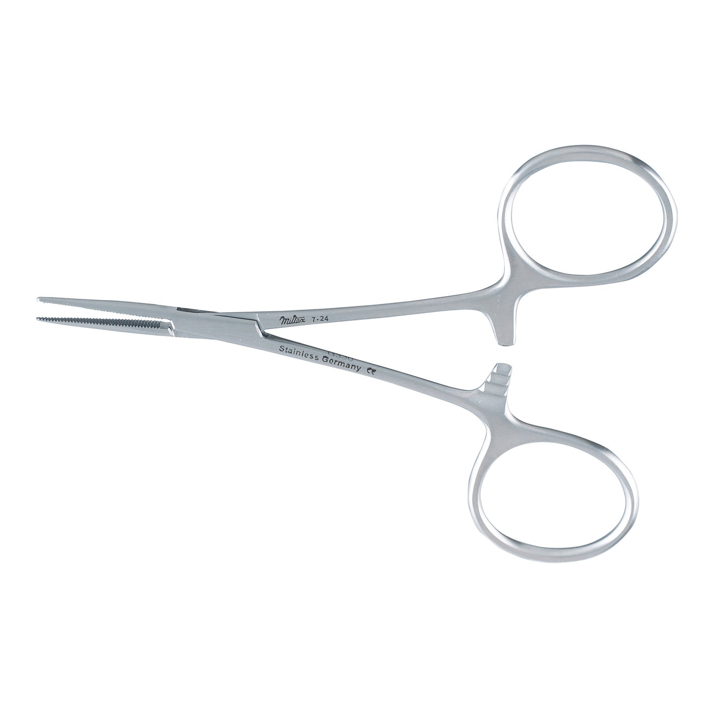 Hartman Mosquito Forceps, stainless steel, with serrated tips and finger loops, used for clamping in surgical procedures.
