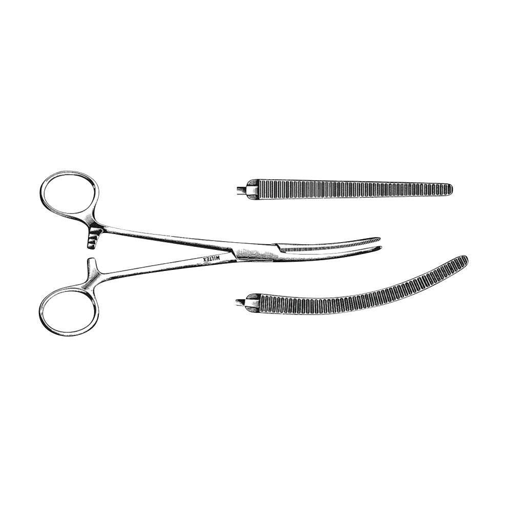 Rochester-Pean Forceps with curved tips shown with two textured inserts on a white background.