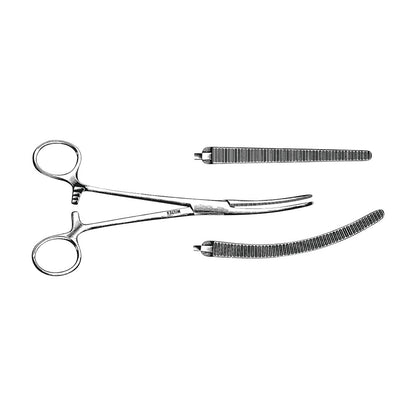 Rochester-Pean Forceps with curved tips shown with two textured inserts on a white background.