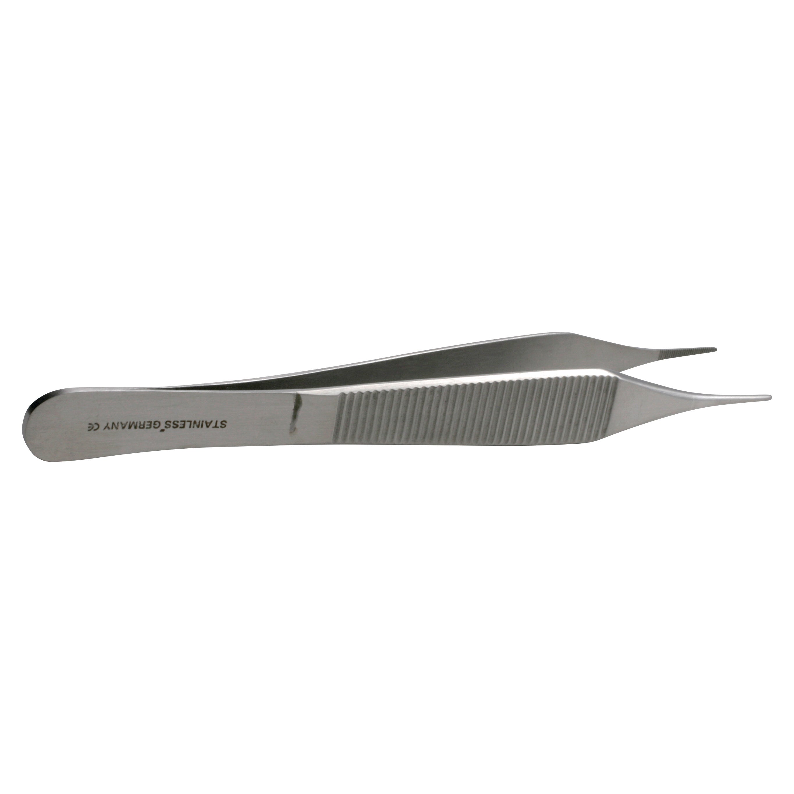 Adson Dressing Forceps, made of stainless steel, featuring a serrated grip and pointed tips, laid flat on a white background.