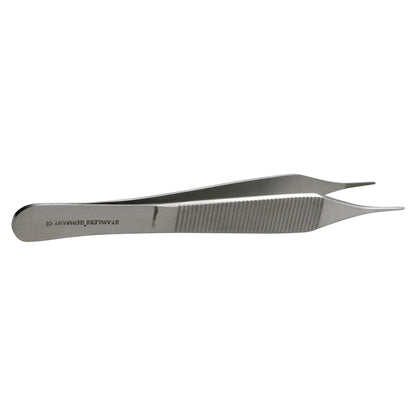 Adson Dressing Forceps, made of stainless steel, featuring a serrated grip and pointed tips, laid flat on a white background.