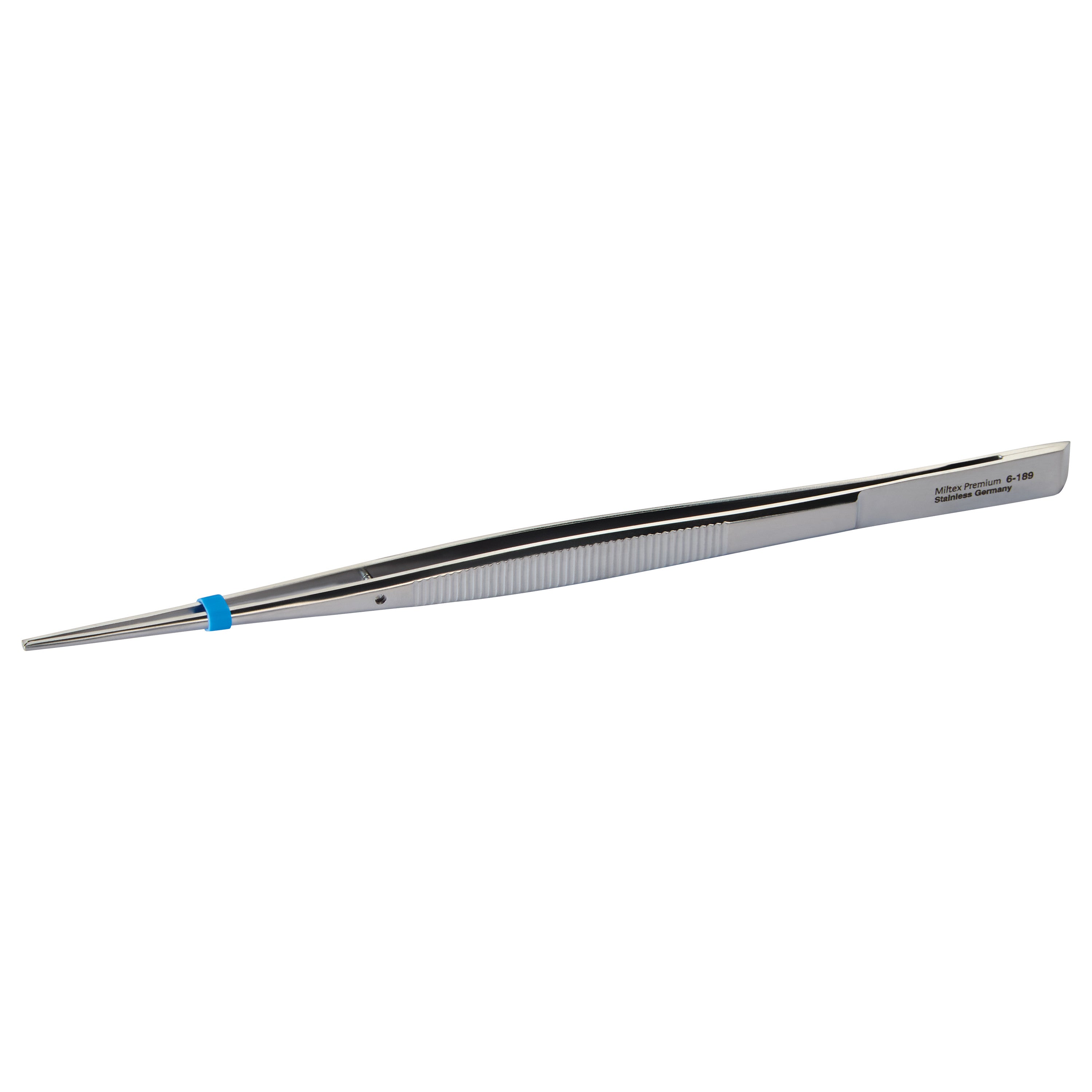 Miltex Cushing Tissue Forceps are stainless steel tweezers with a blue grip ring, designed for medical use.
