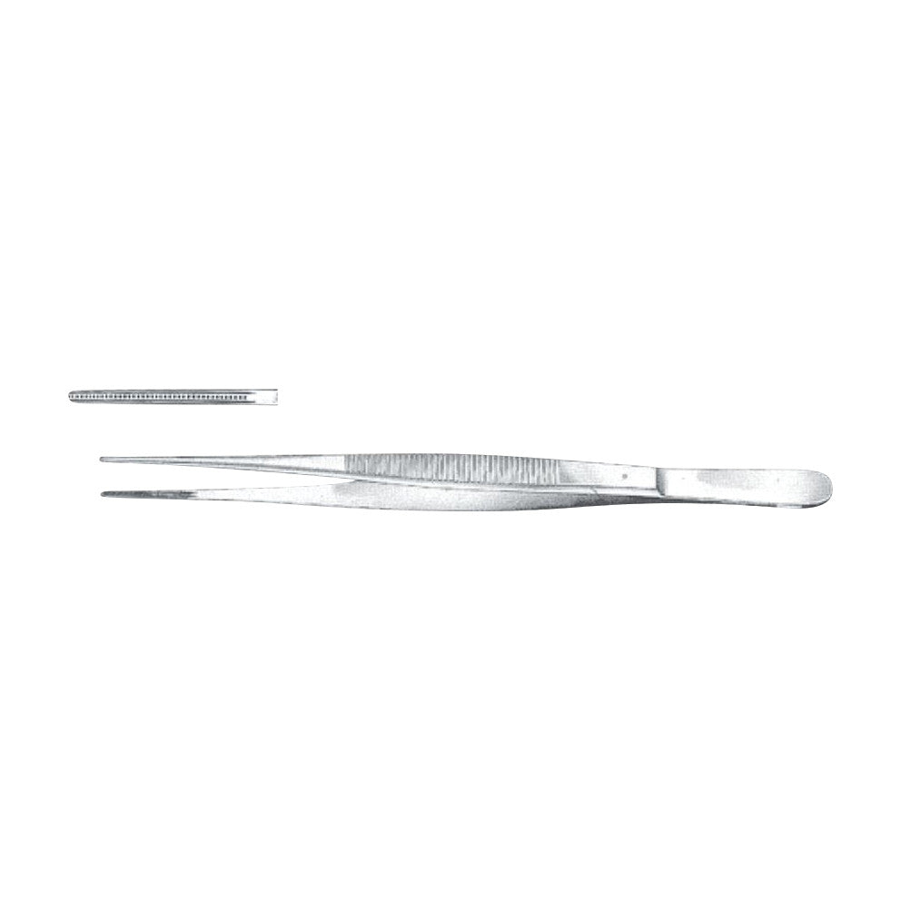 Miltex De Bakey Tissue Forceps, shown with a close-up inset, have fine, serrated tips and a long, slender stainless steel body.