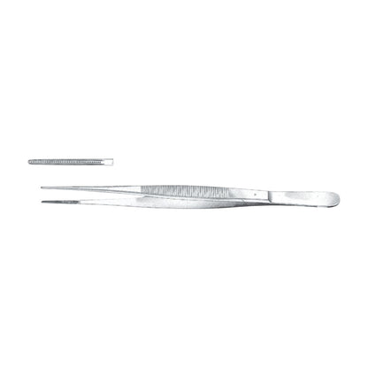 Miltex De Bakey Tissue Forceps, shown with a close-up inset, have fine, serrated tips and a long, slender stainless steel body.