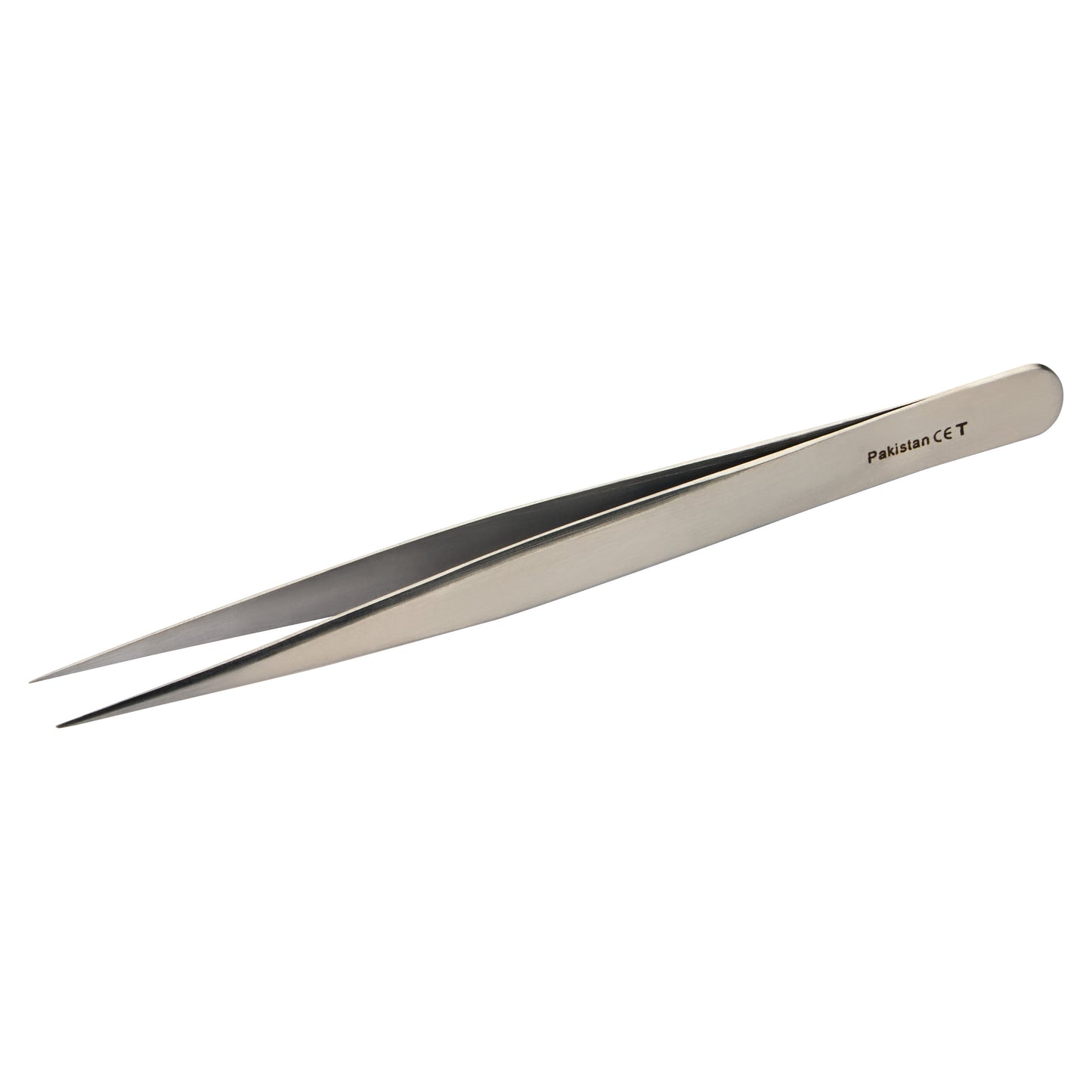 Silver Swiss-Style Tweezers with a pointed tip and "Pakistan CE" marking on the handle, shown on a white background.