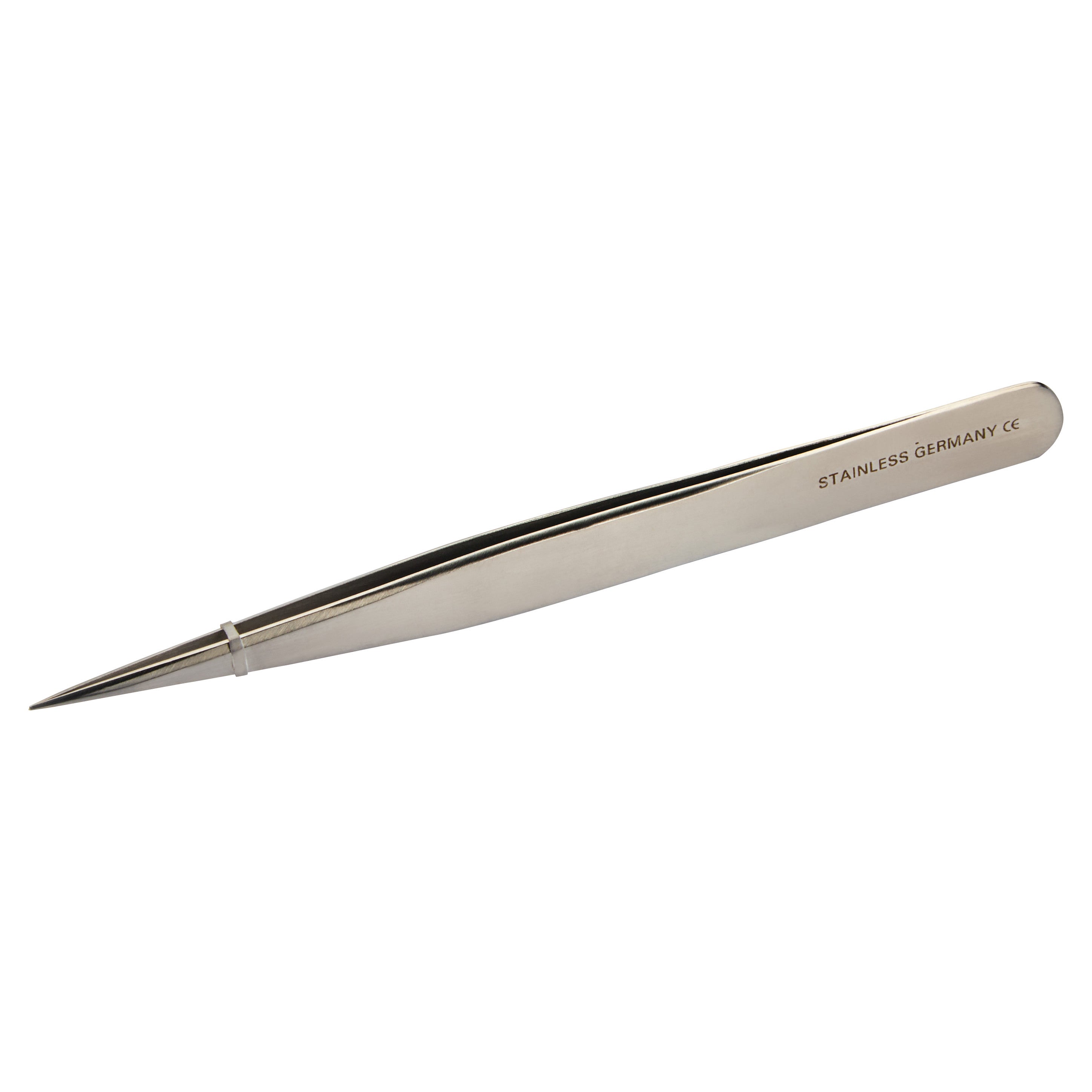 Stainless steel Swiss-Style Tweezers with a pointed tip, marked "STAINLESS GERMANY CE" on the handle.