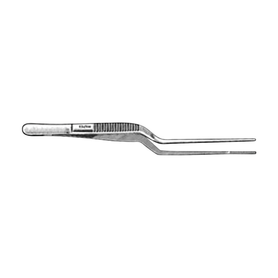 Miltex Lucae Ear Forceps with a curved, silver metal design, featuring a ribbed grip handle and narrow elongated tips.