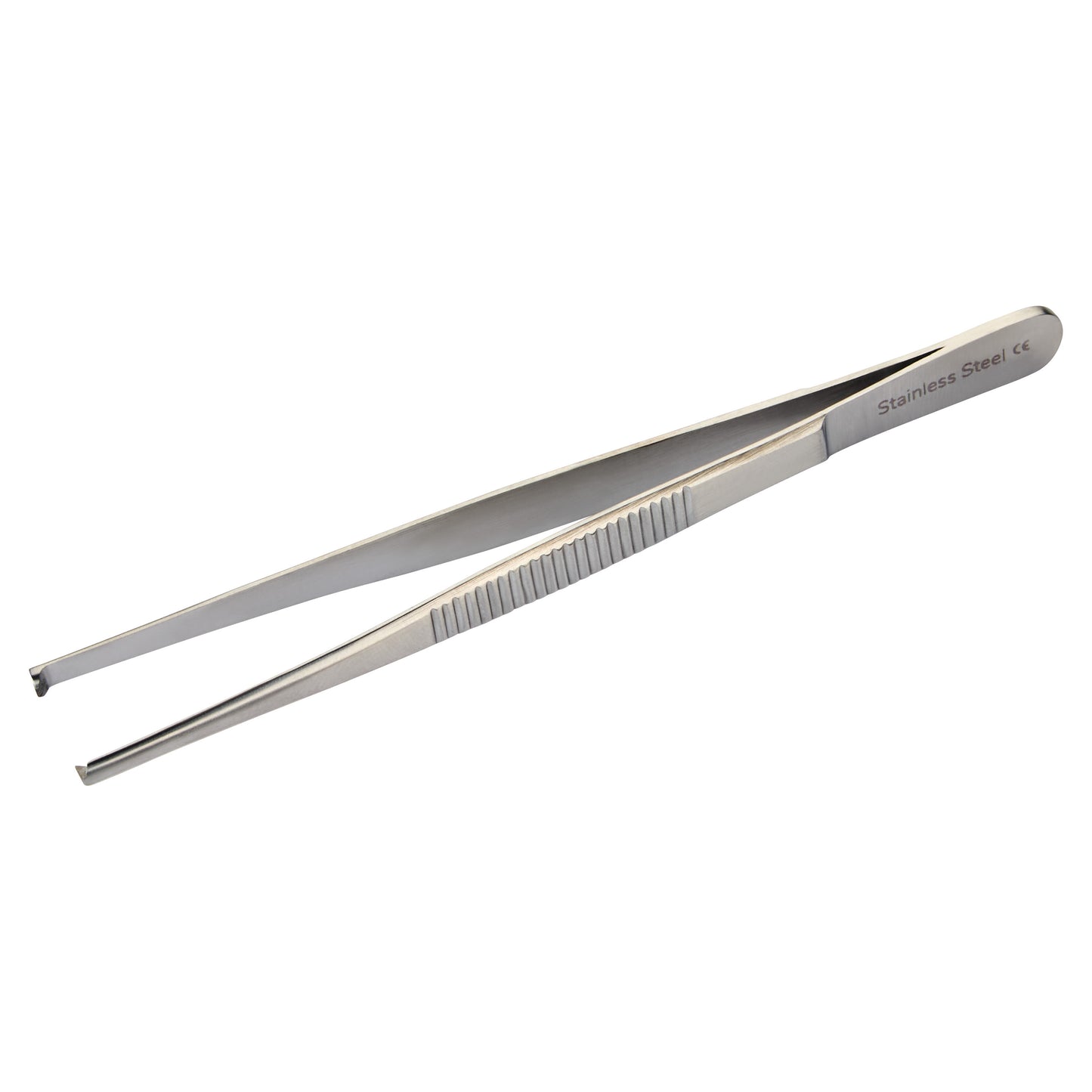 Stainless steel tissue forceps with a ridged grip and narrow, pointed tips.