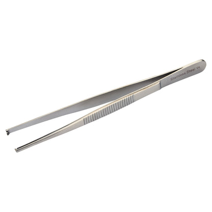 Stainless steel tissue forceps with a ridged grip and narrow, pointed tips.
