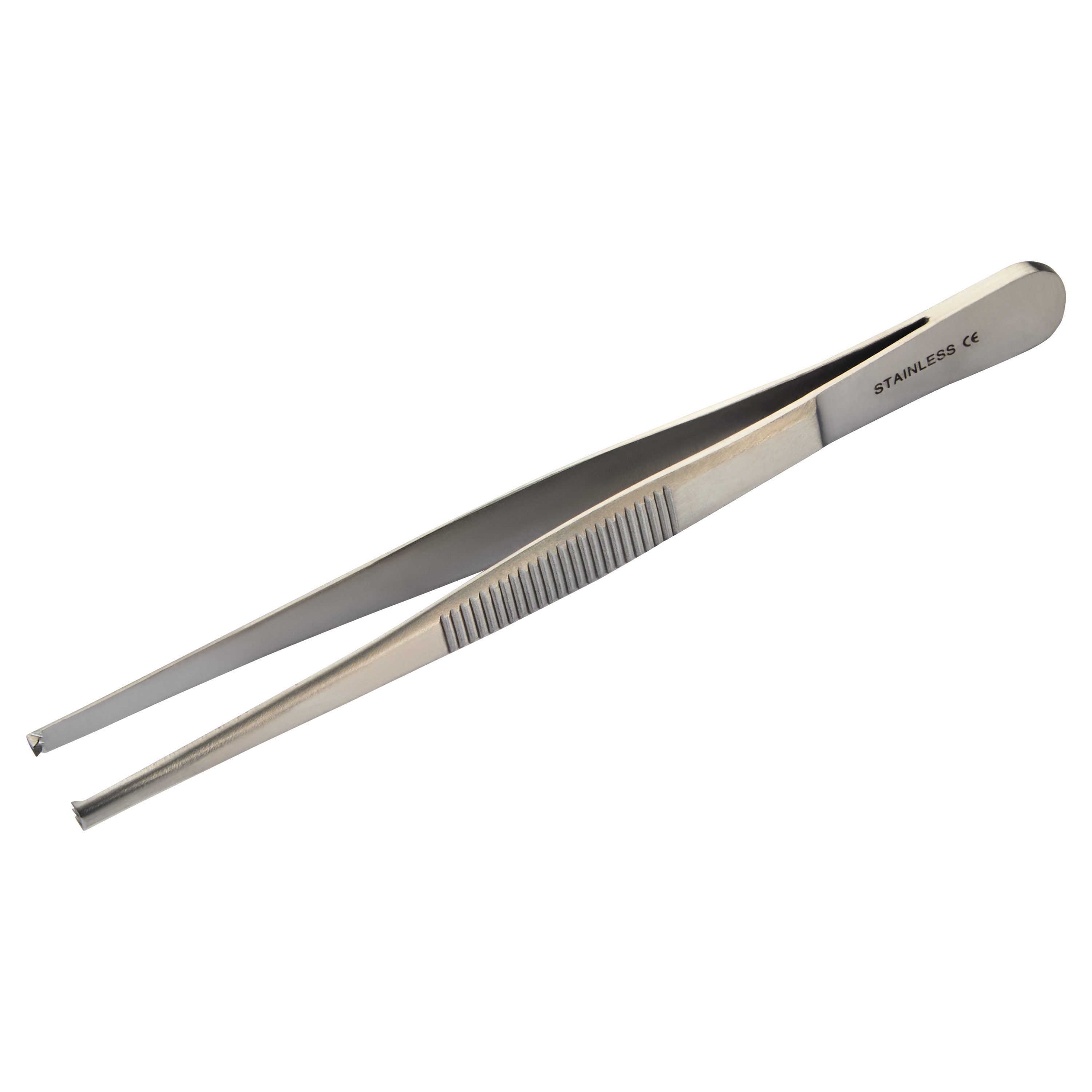Stainless steel tissue forceps with a ribbed grip, used for handling tissues or small objects in medical settings.