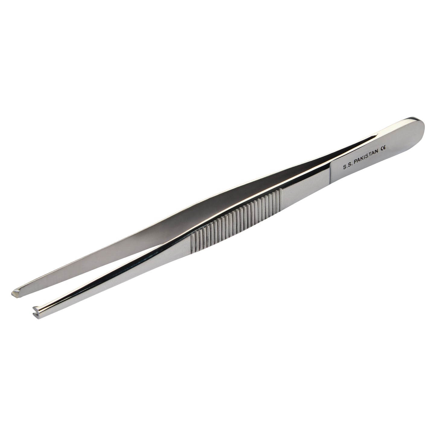 Silver tissue forceps with a textured grip and pointed tips. Marking reads "S.S. Pakistan" on the side.