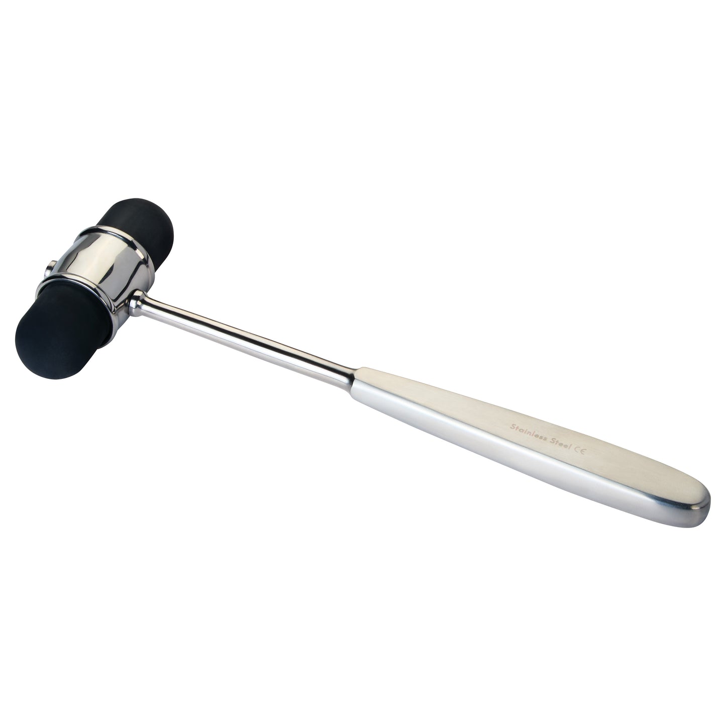 A DeJerine Percussion Hammer with a stainless steel handle and dual black rubber heads is shown against a white background.