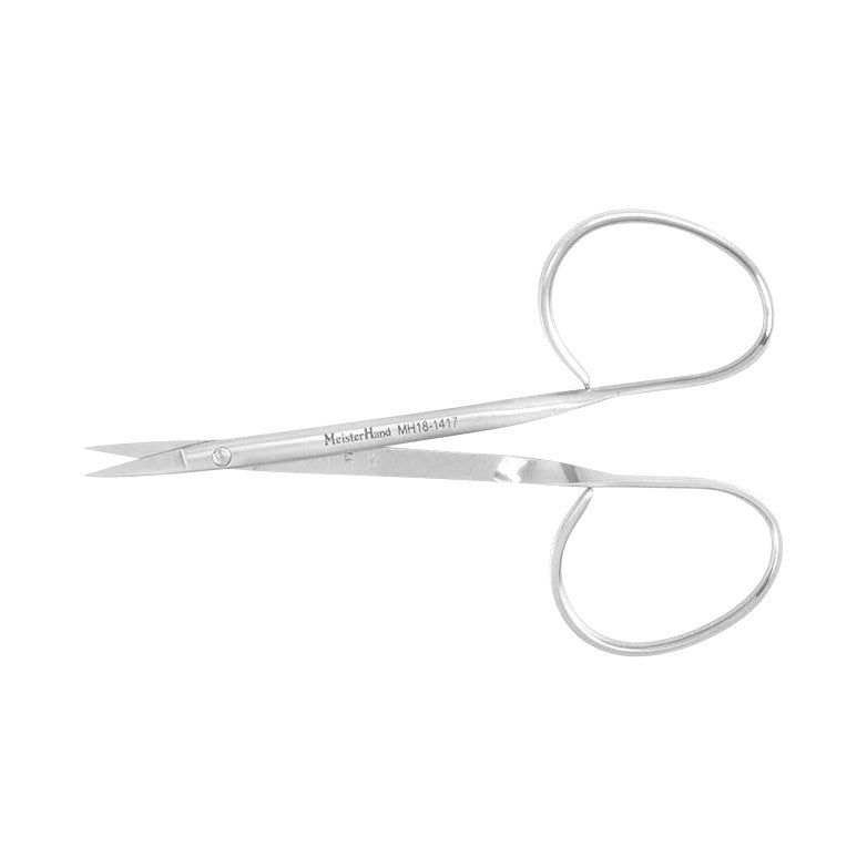 Miltex MeisterHand Iris Scissors shown with small, pointed blades and large finger loops, designed for precision cutting.