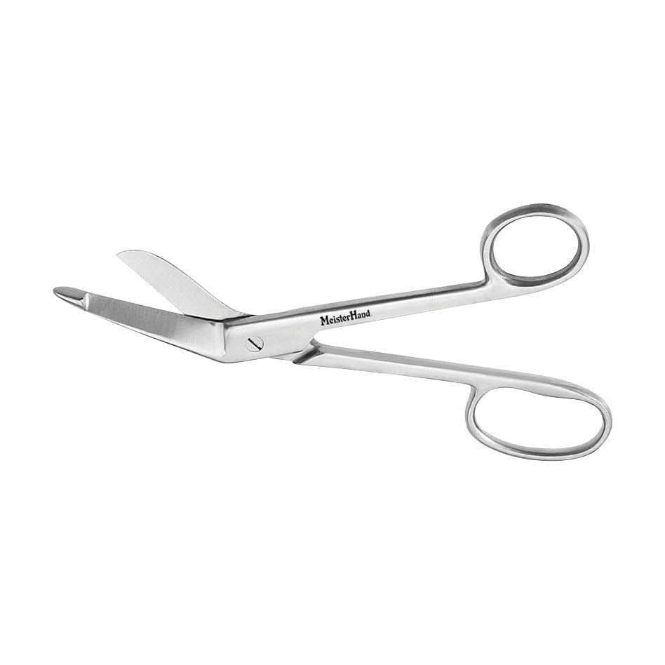Miltex MeisterHand Lister Bandage Scissors with angled, blunt-tipped blades and ergonomic handles on a white background.