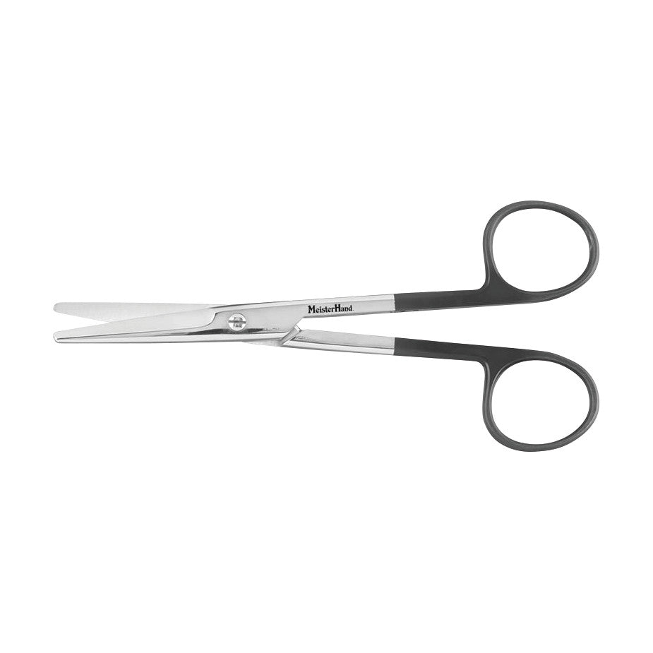 Miltex MeisterHand SuperCut Straight Mayo Scissors with black handles and sharp, straight blades on a white background.